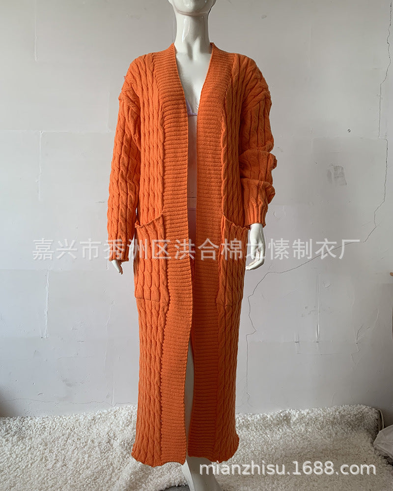 Wholesale Long Knitted Sweater Jacket Cardigan Pocket Long Sweater Thickened Jacket